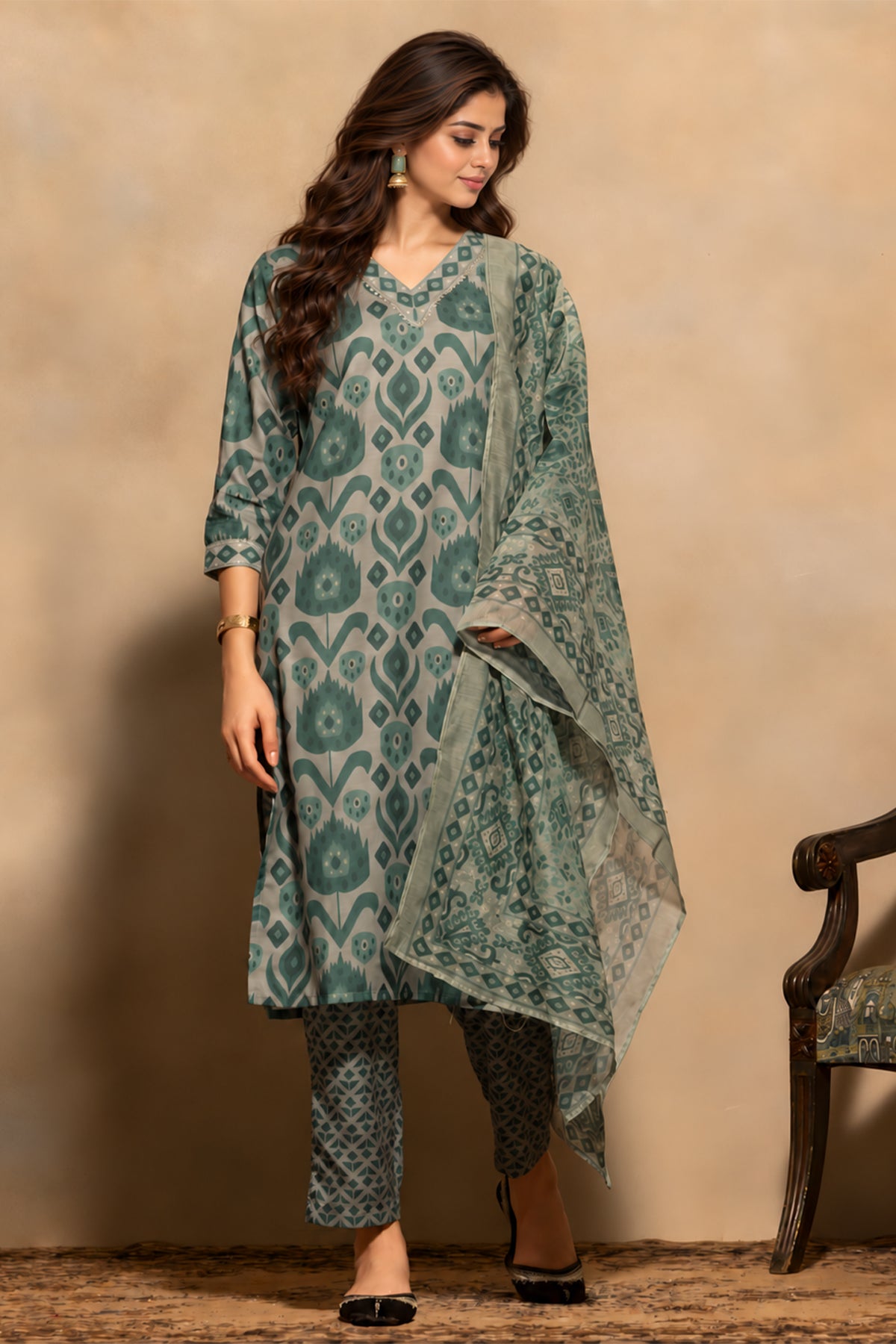 Green Printed Kurta 3 Pcs Set