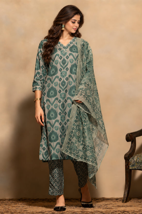 Green Printed Kurta 3 Pcs Set