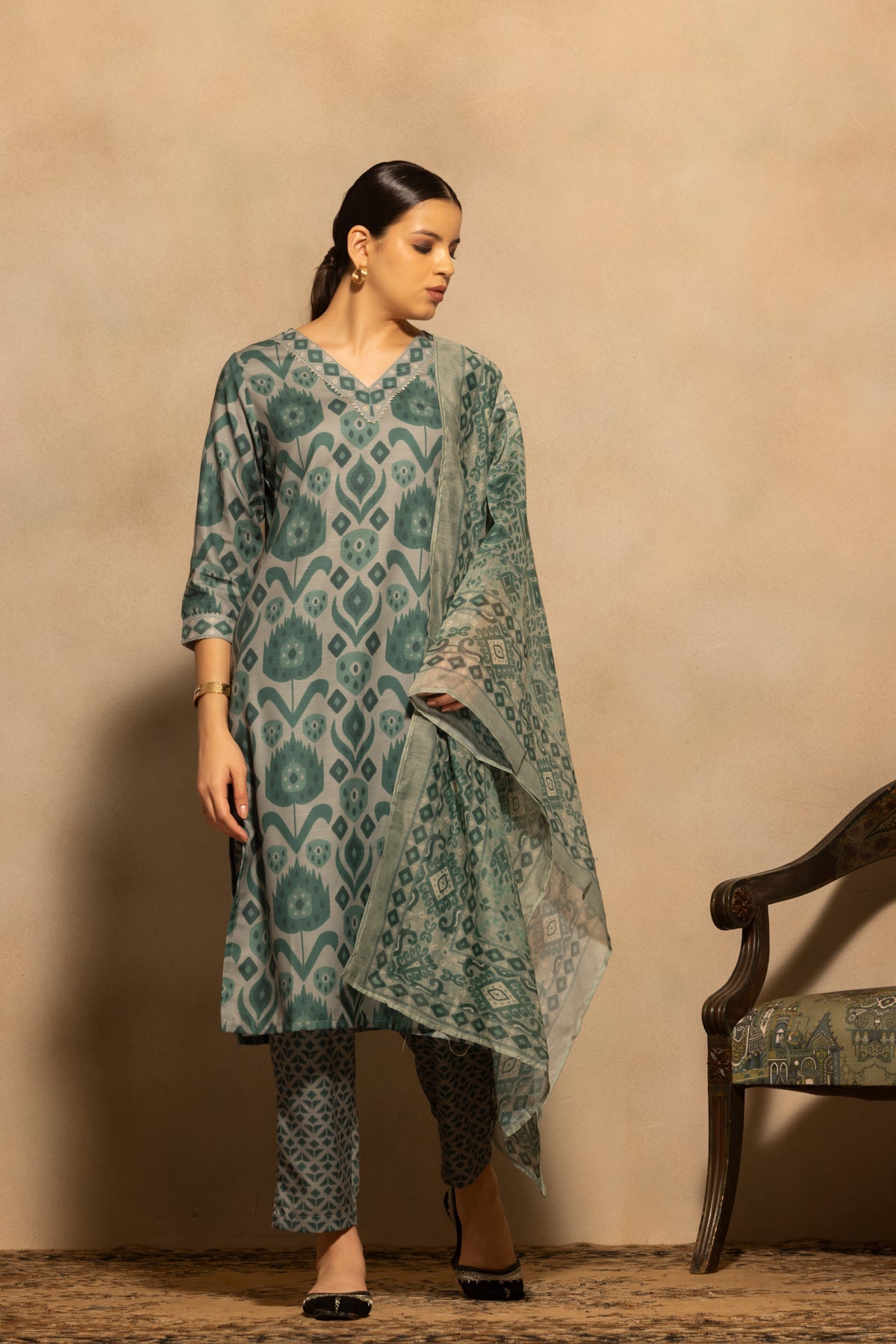 Green Printed Kurta 3 Pcs Set