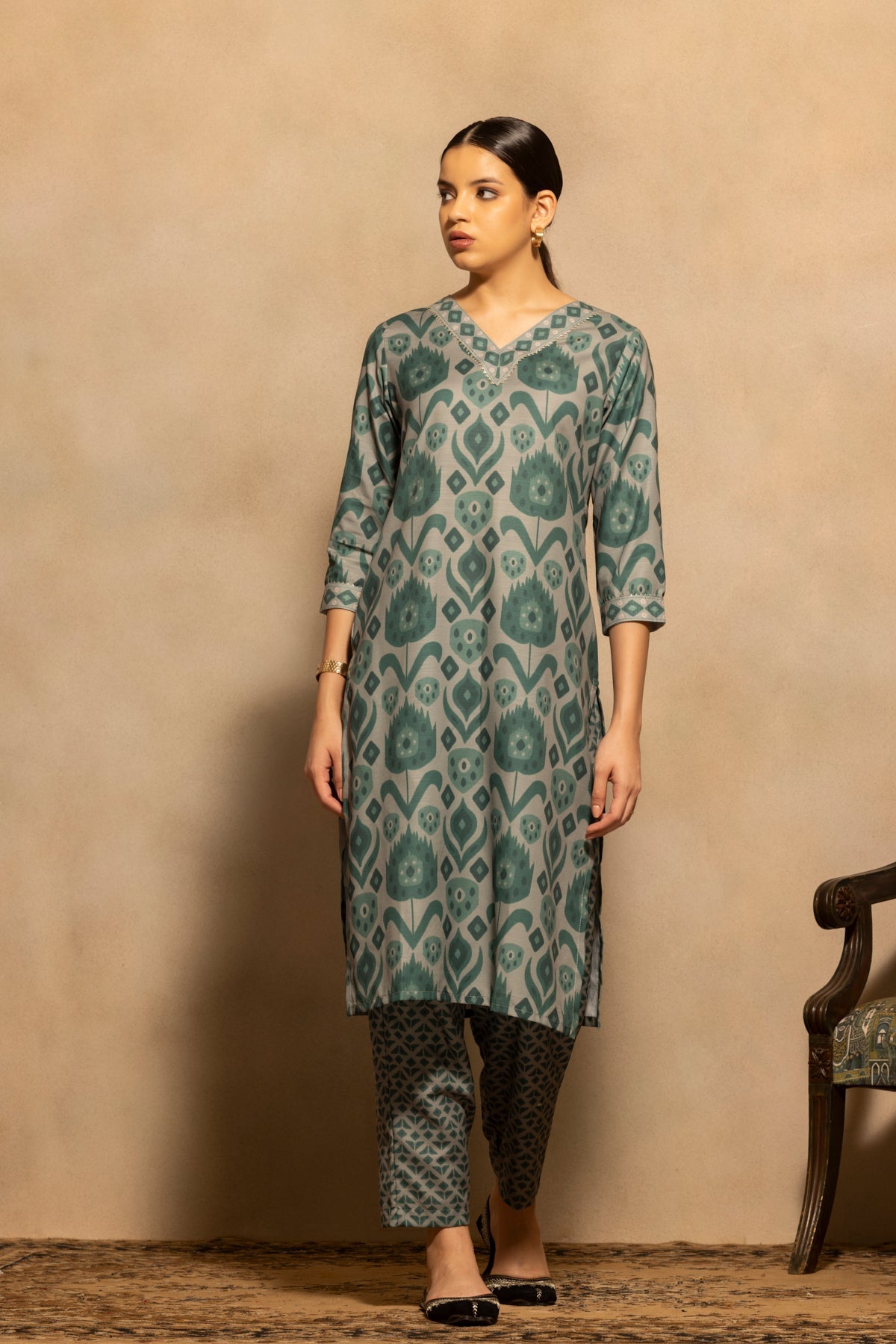 Green Printed Kurta 3 Pcs Set