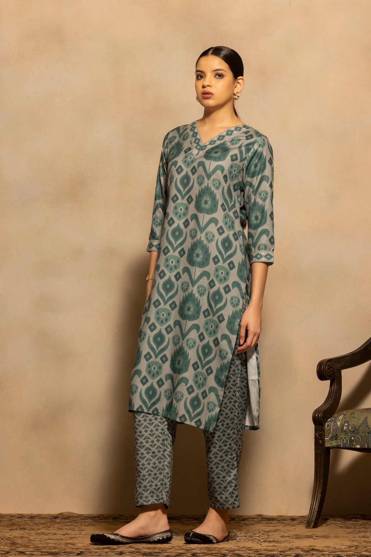 Green Printed Kurta 3 Pcs Set