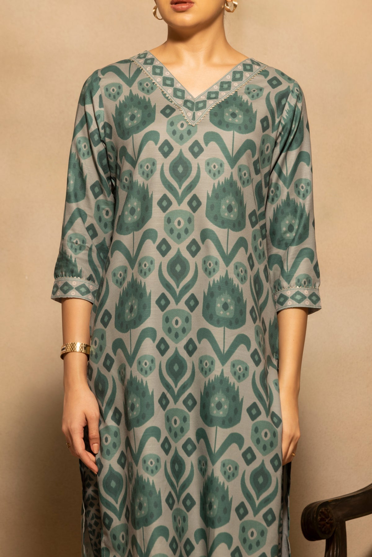 Green Printed Kurta 3 Pcs Set