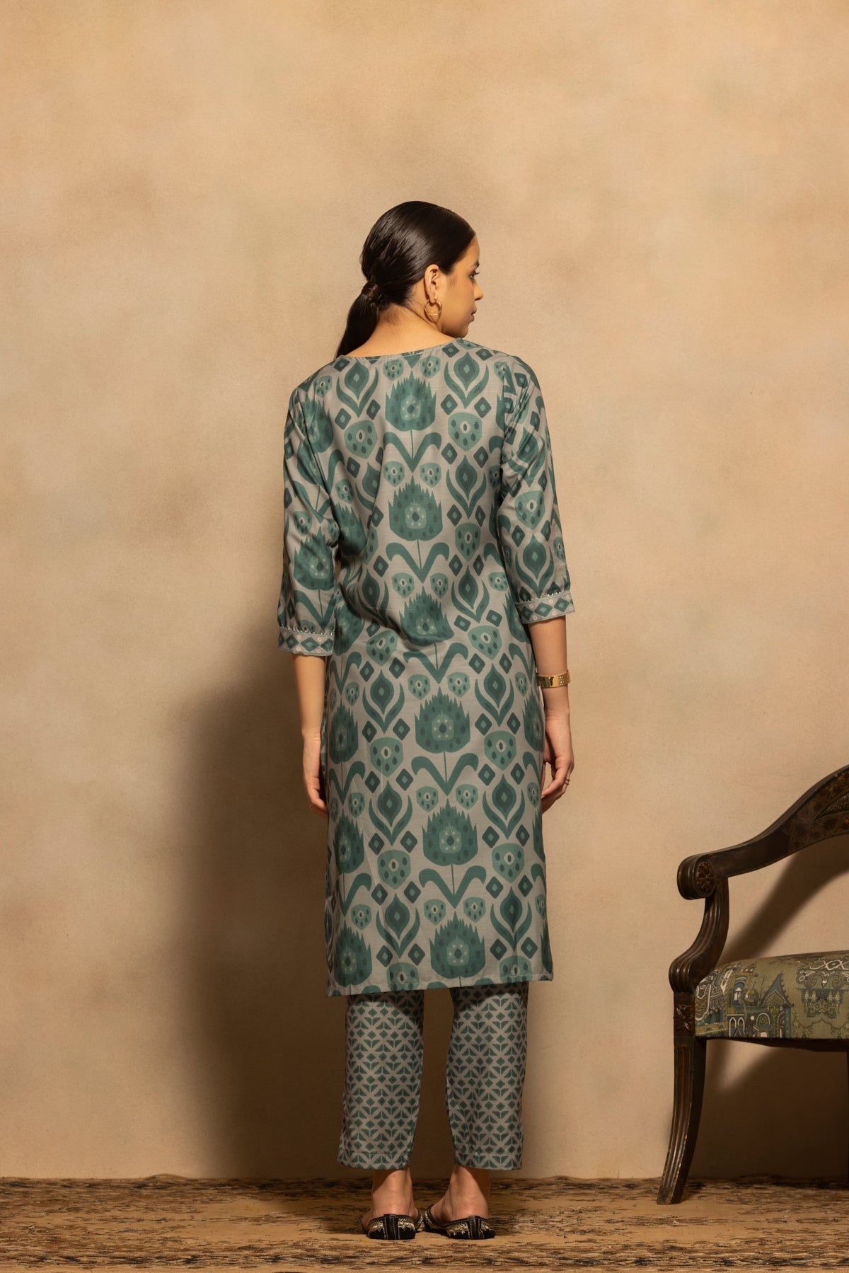 Green Printed Kurta 3 Pcs Set