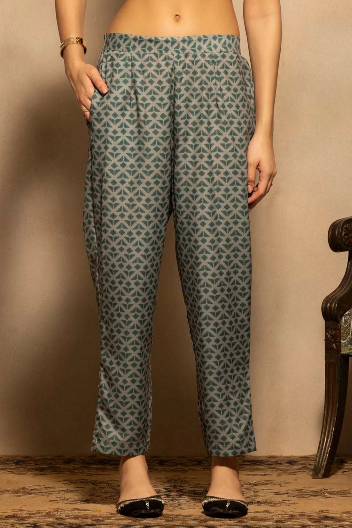 Green Printed Kurta 3 Pcs Set