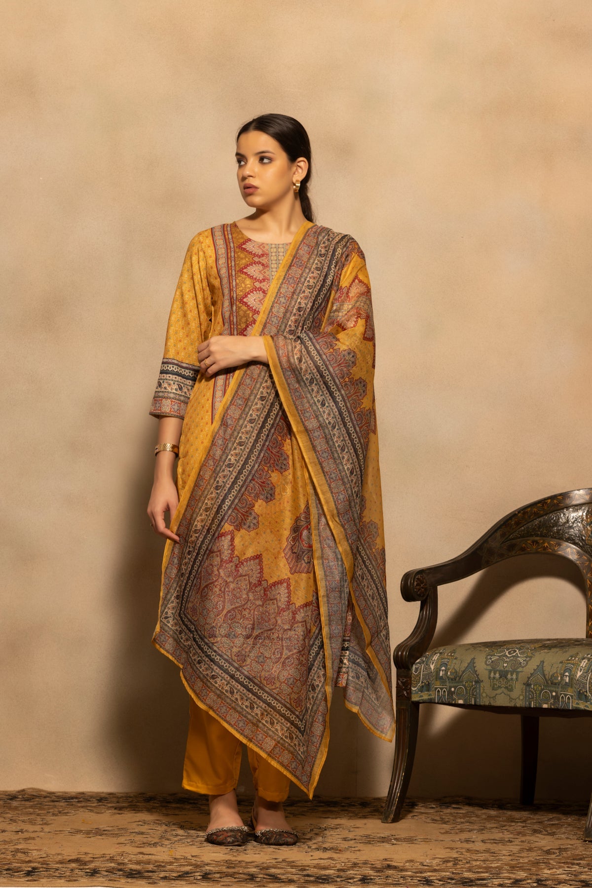 Mustard Printed Kurta 3 Pcs Set
