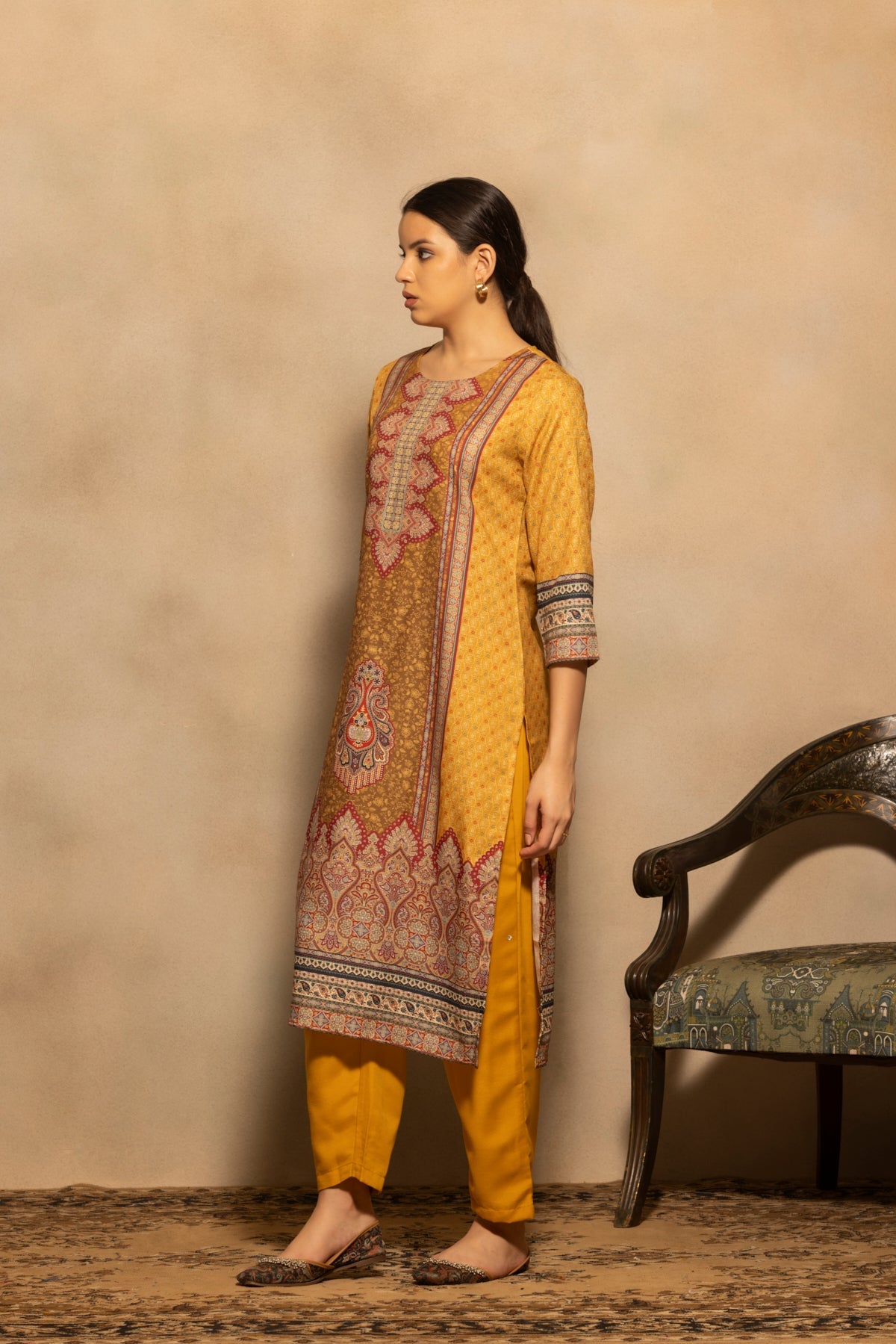 Mustard Printed Kurta 3 Pcs Set