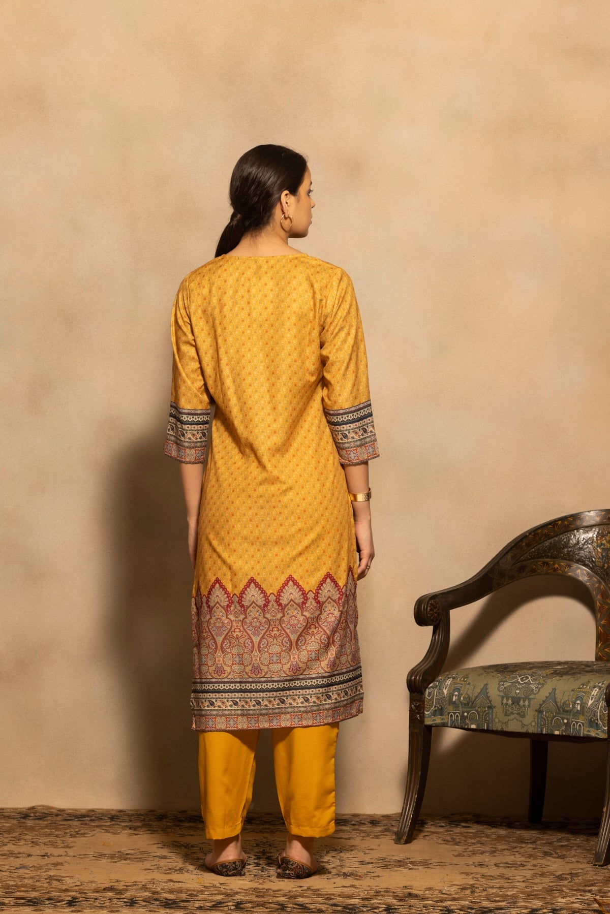 Mustard Printed Kurta 3 Pcs Set