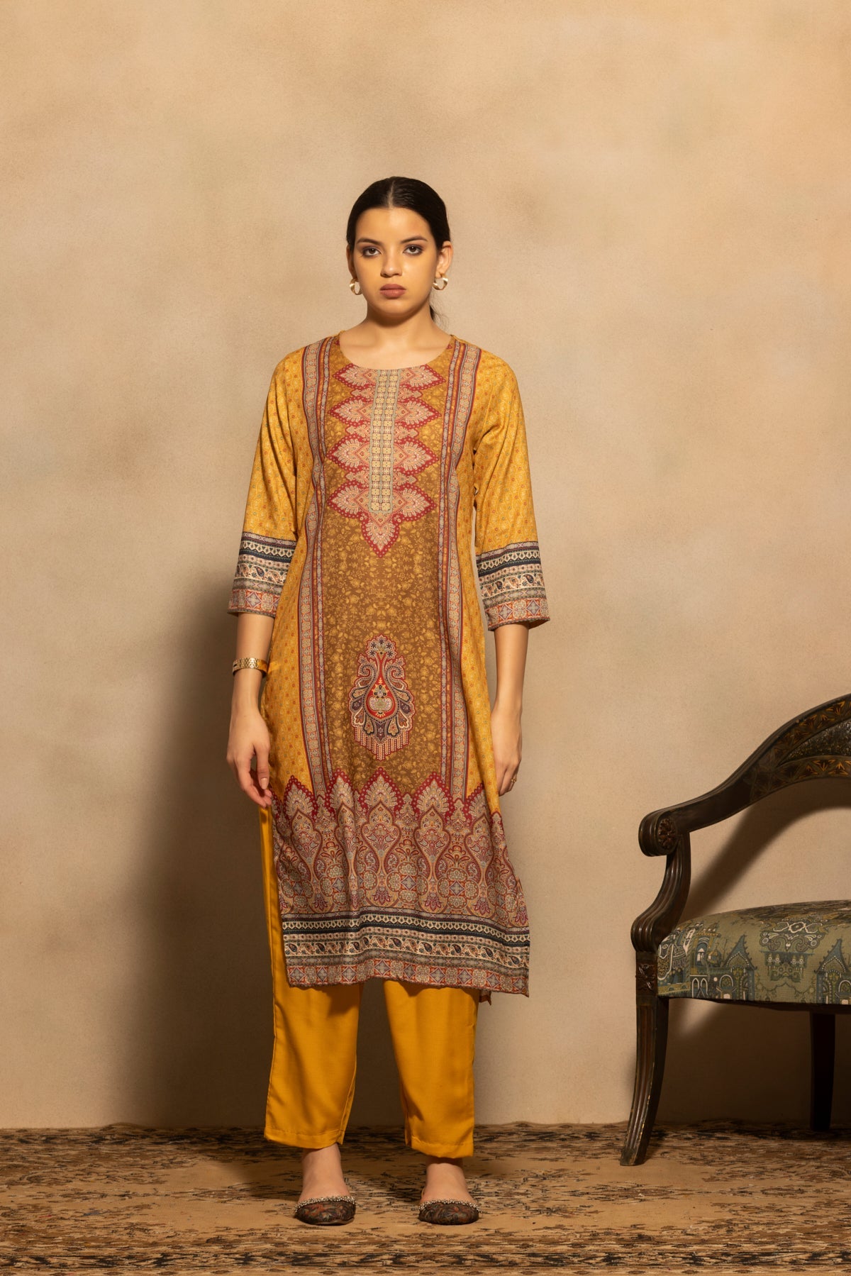 Mustard Printed Kurta 3 Pcs Set