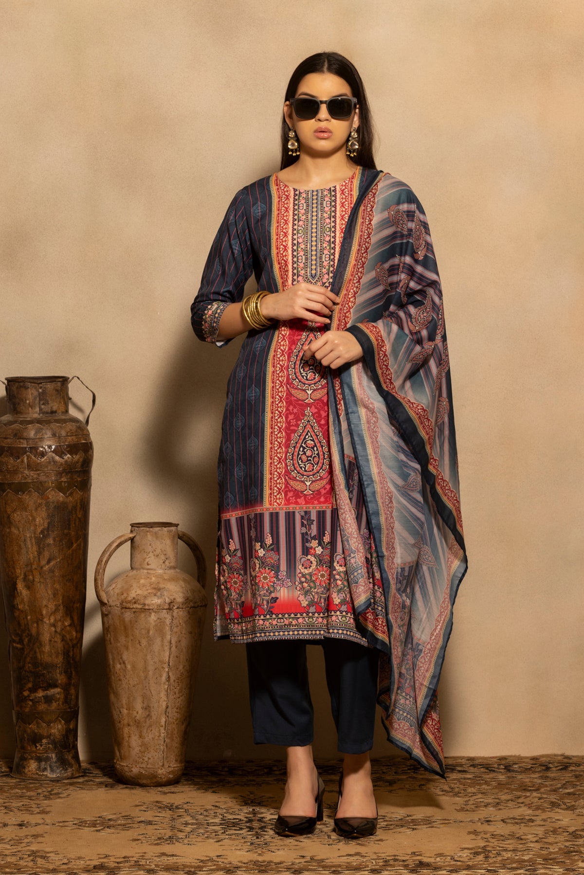 Teal Printed Kurta 3 Pcs Set