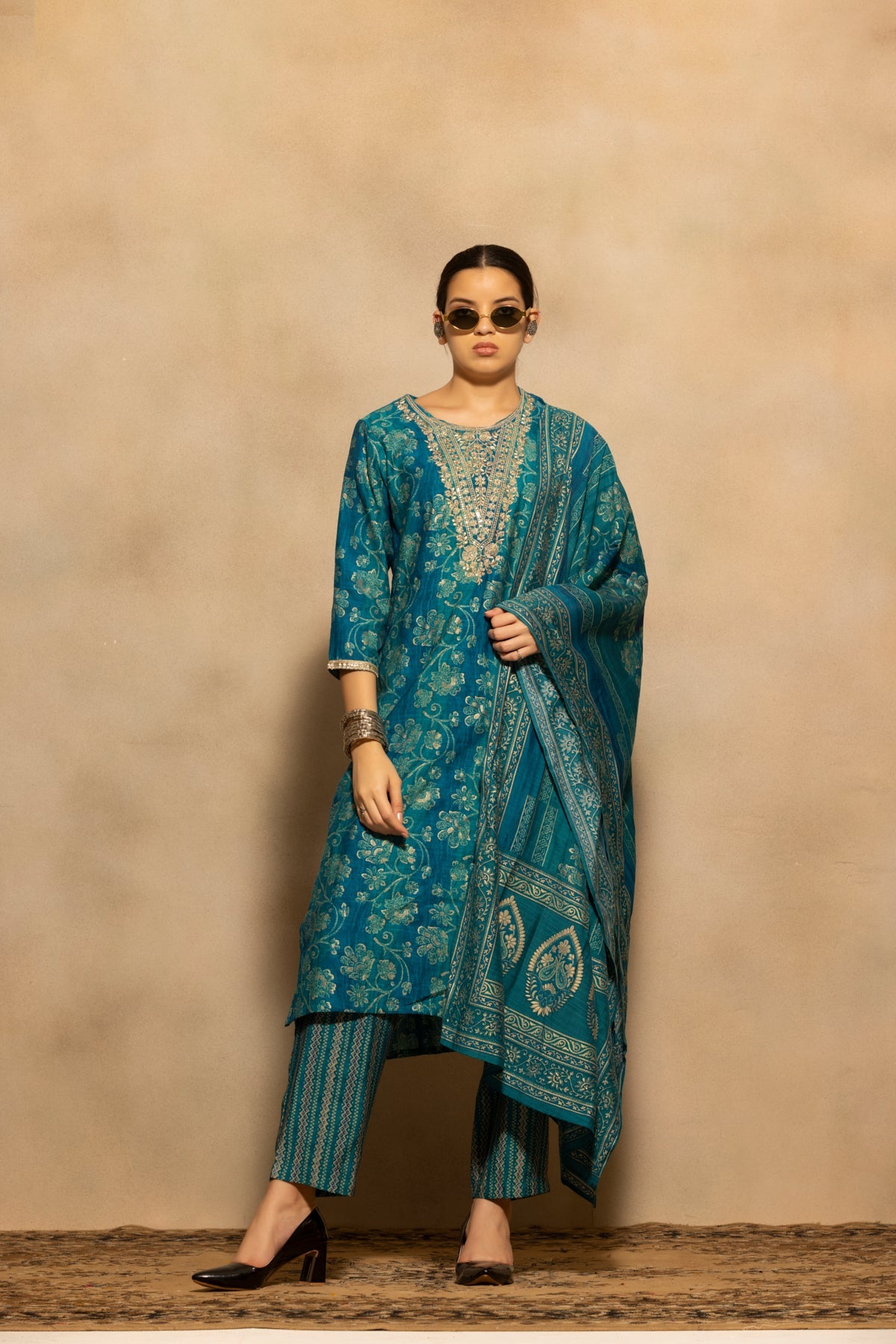 Blue Embroidered Kurta 3 Pcs Set