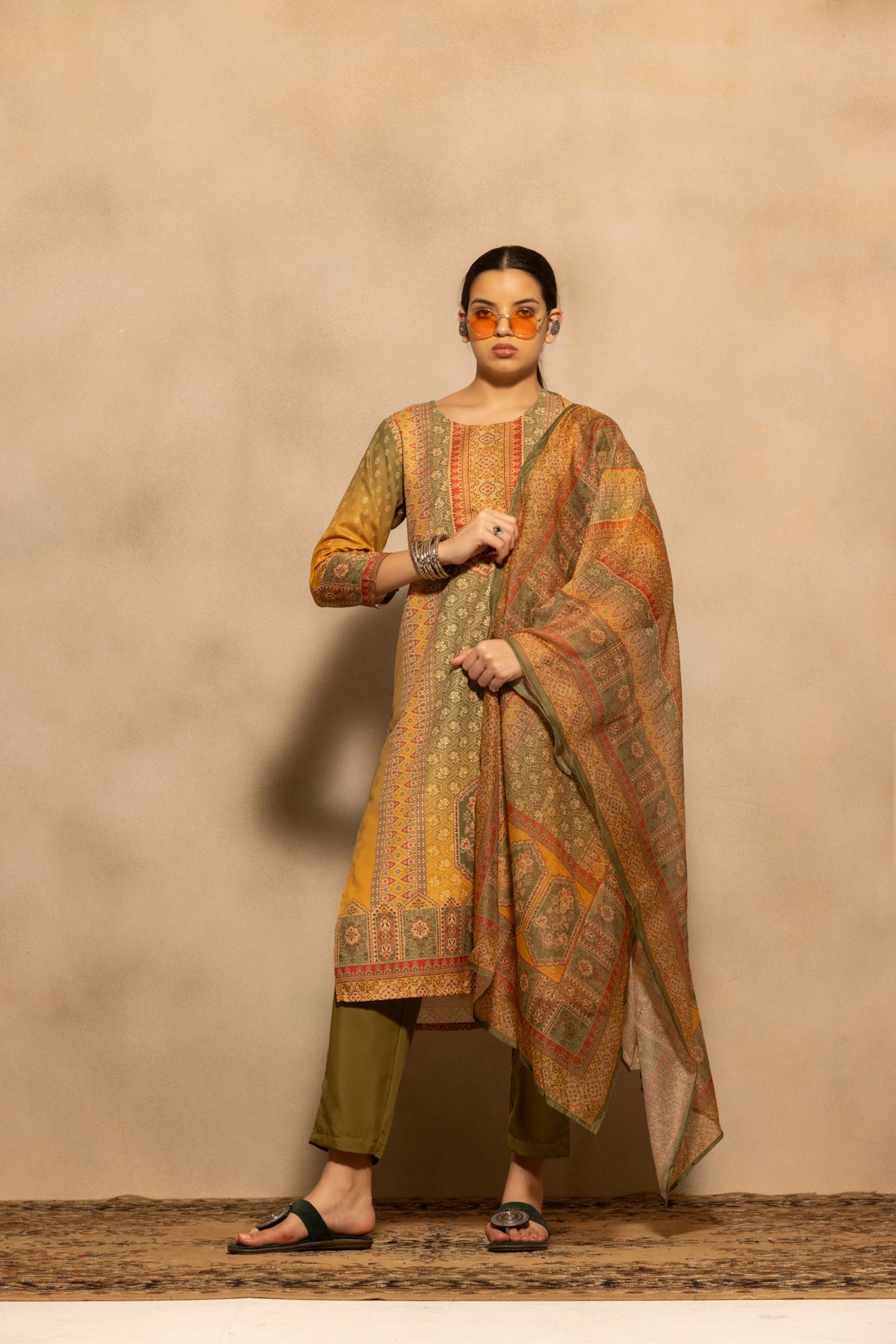Green Printed Kurta 3 Pcs Set