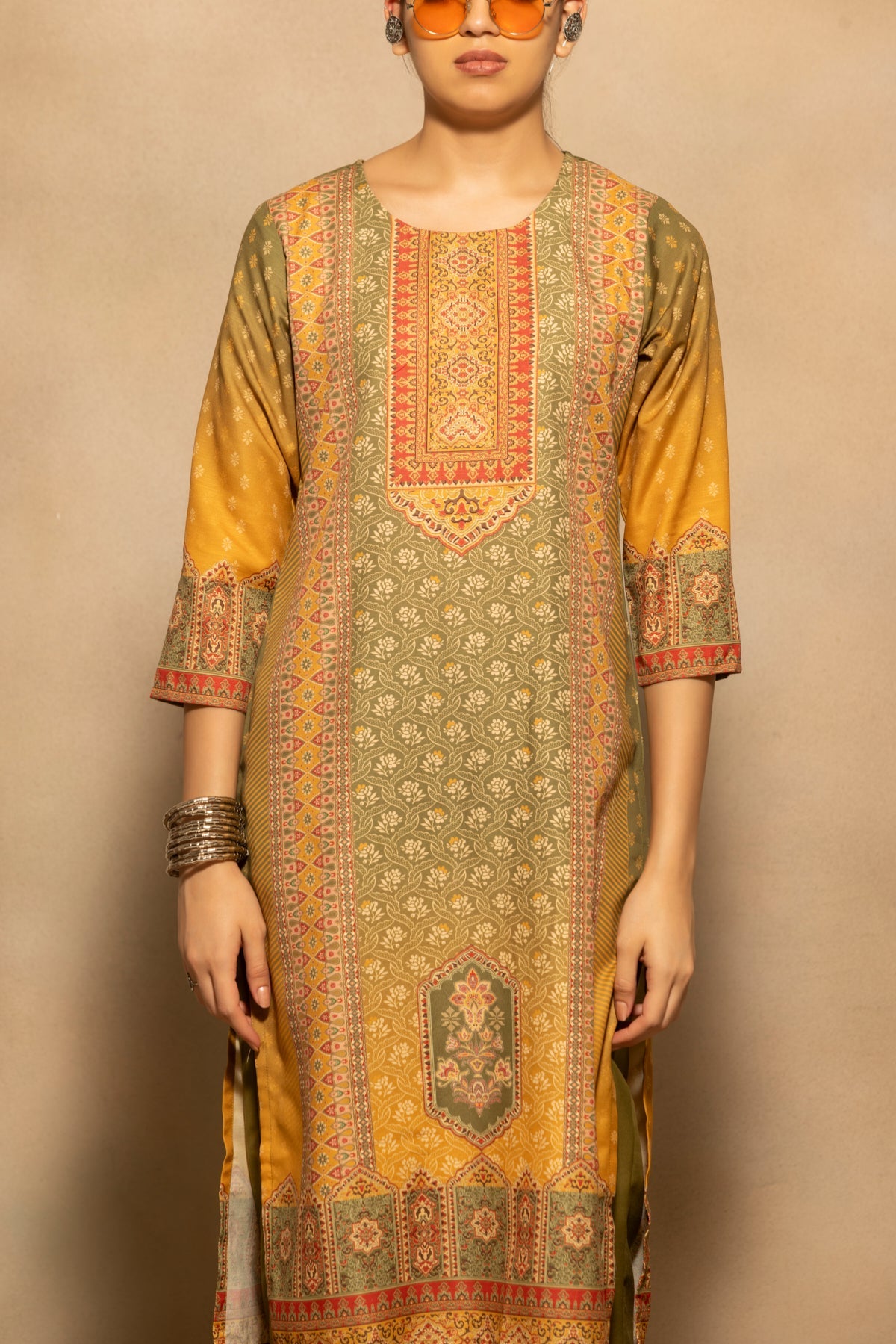 Green Printed Kurta 3 Pcs Set