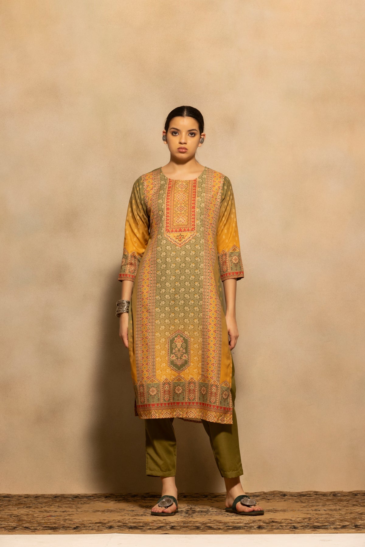 Green Printed Kurta 3 Pcs Set