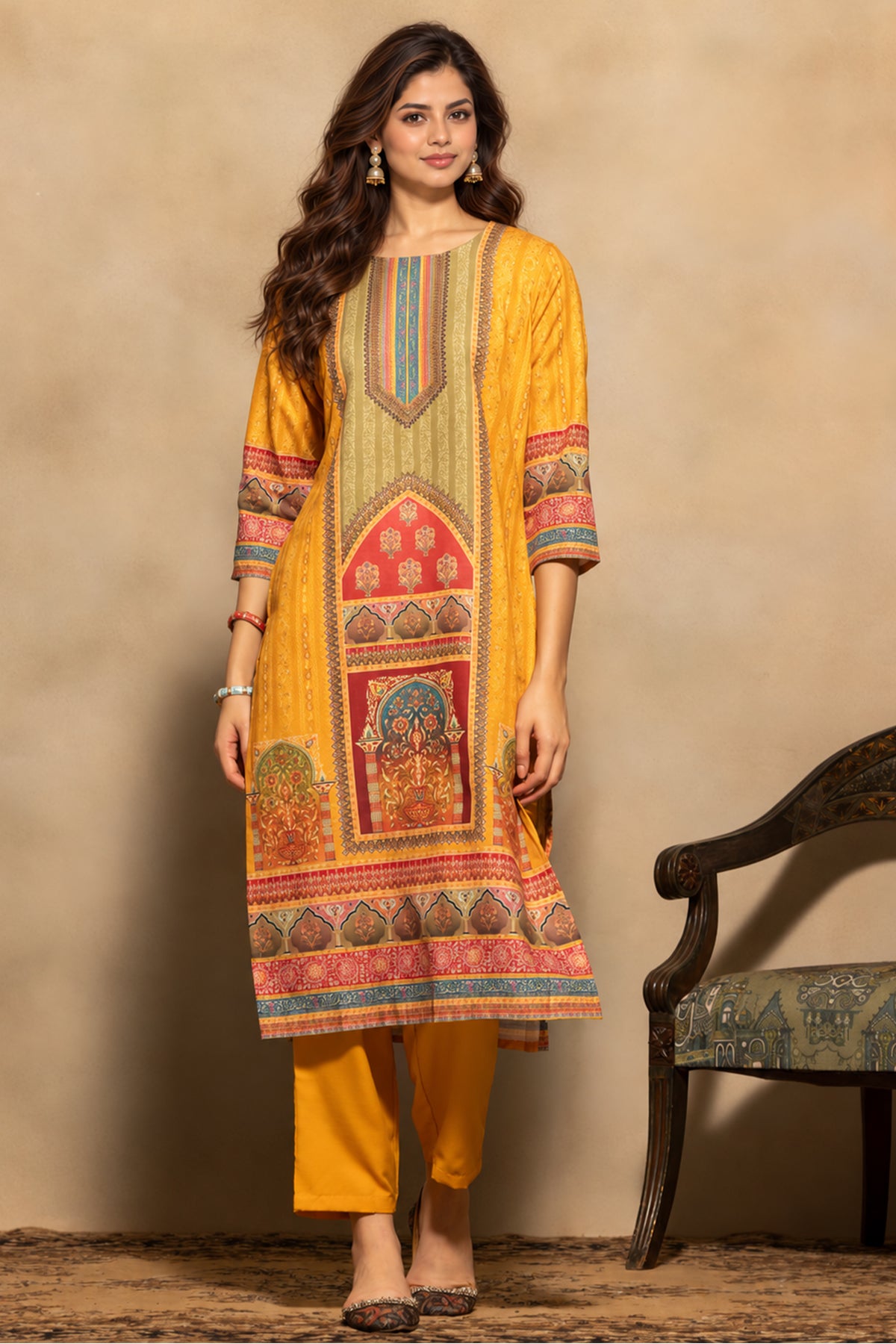 Mustard Printed Kurta 3 Pcs Set