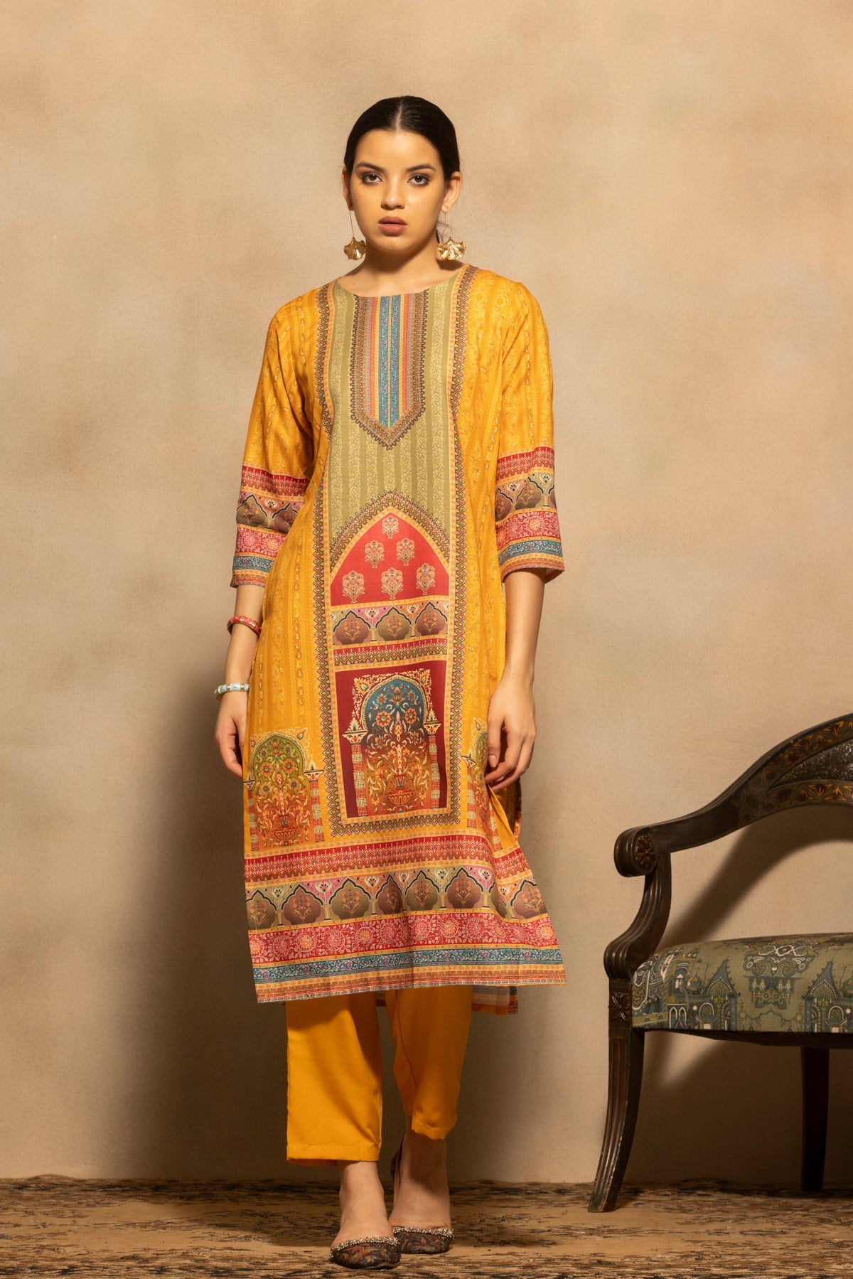 Mustard Printed Kurta 3 Pcs Set