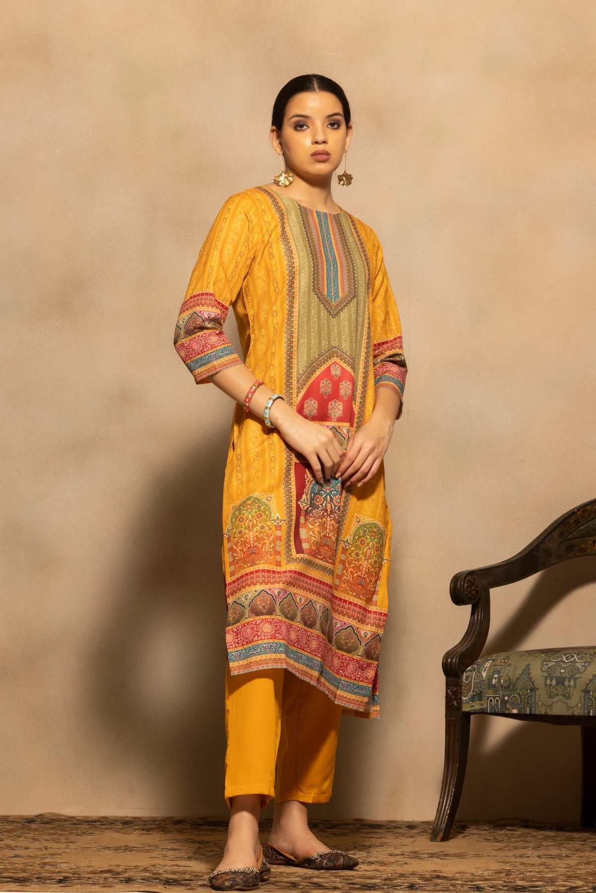Mustard Printed Kurta 3 Pcs Set