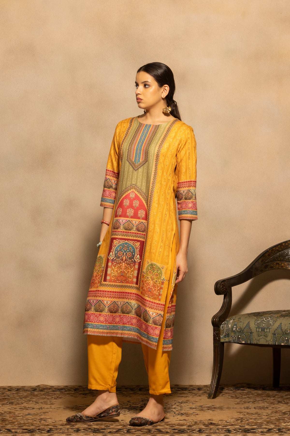 Mustard Printed Kurta 3 Pcs Set