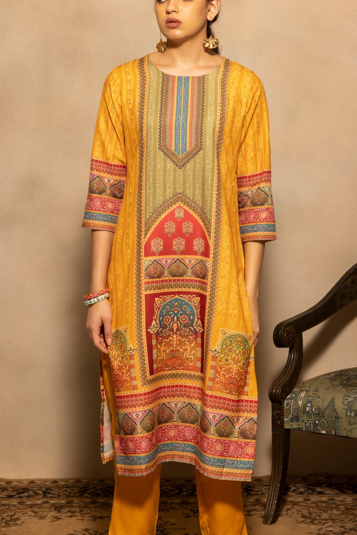 Mustard Printed Kurta 3 Pcs Set