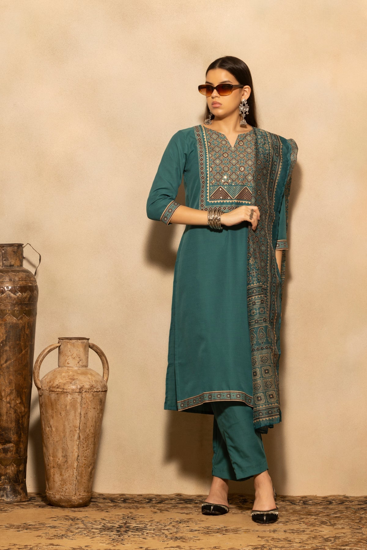 Teal Printed Kurta 3 Pcs Set
