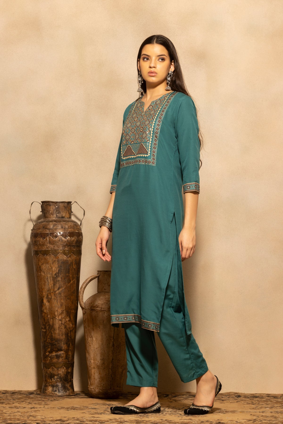 Teal Printed Kurta 3 Pcs Set