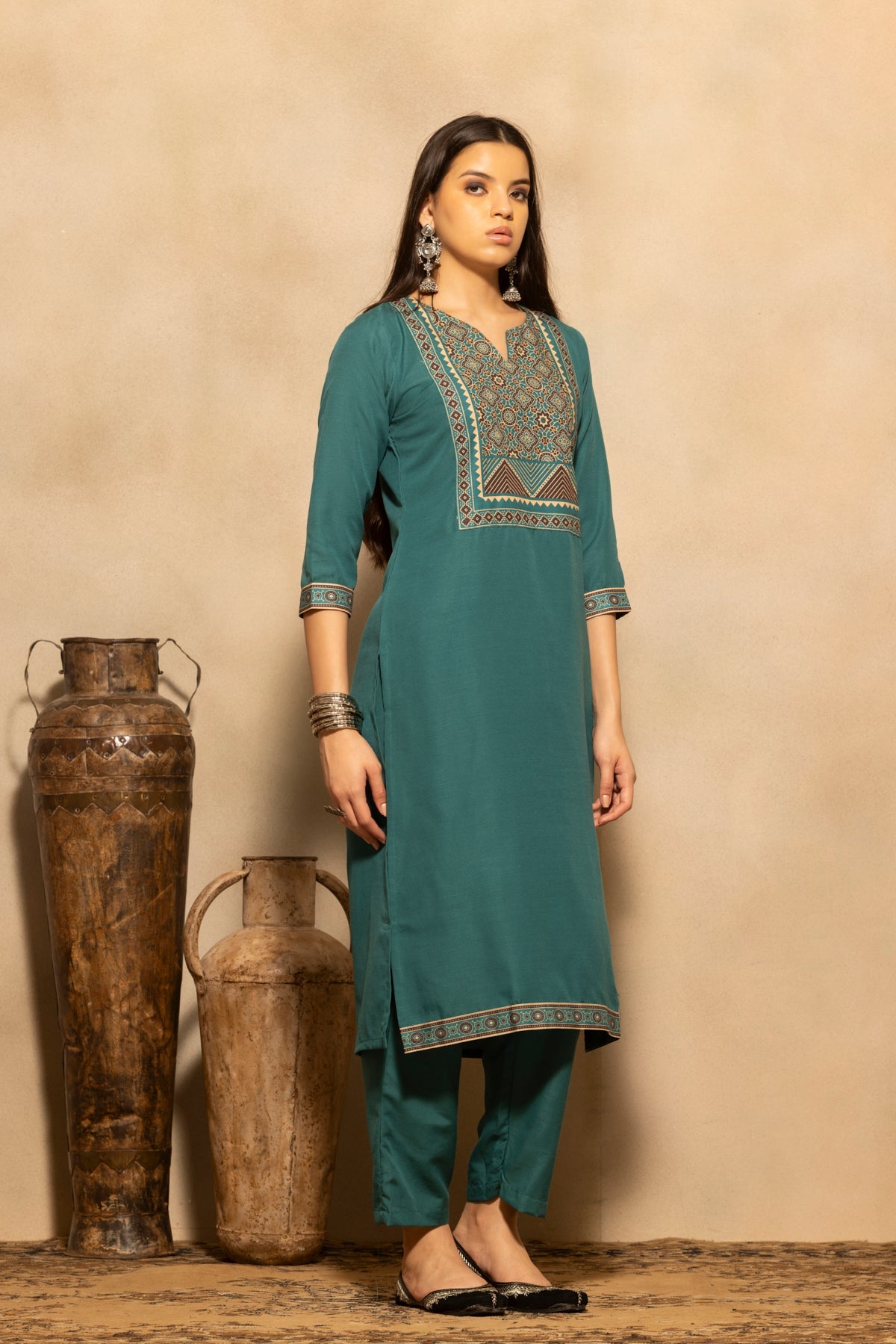 Teal Printed Kurta 3 Pcs Set