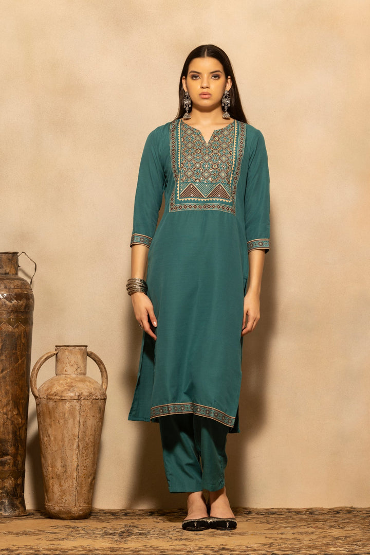 Teal Printed Kurta 3 Pcs Set