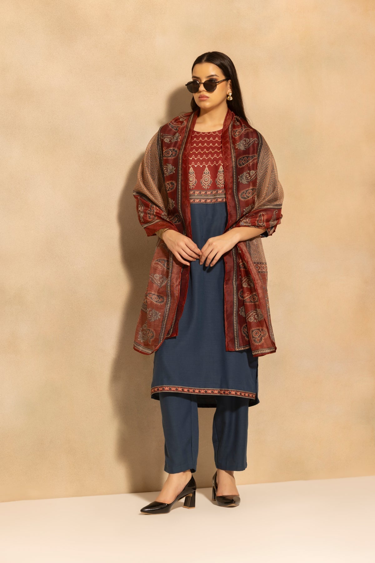 Blue Printed Kurta 3 Pcs Set