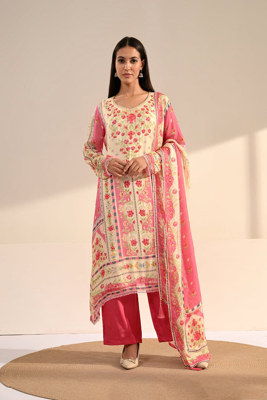 Cream Floral Printed 3 Pcs Kurta Set