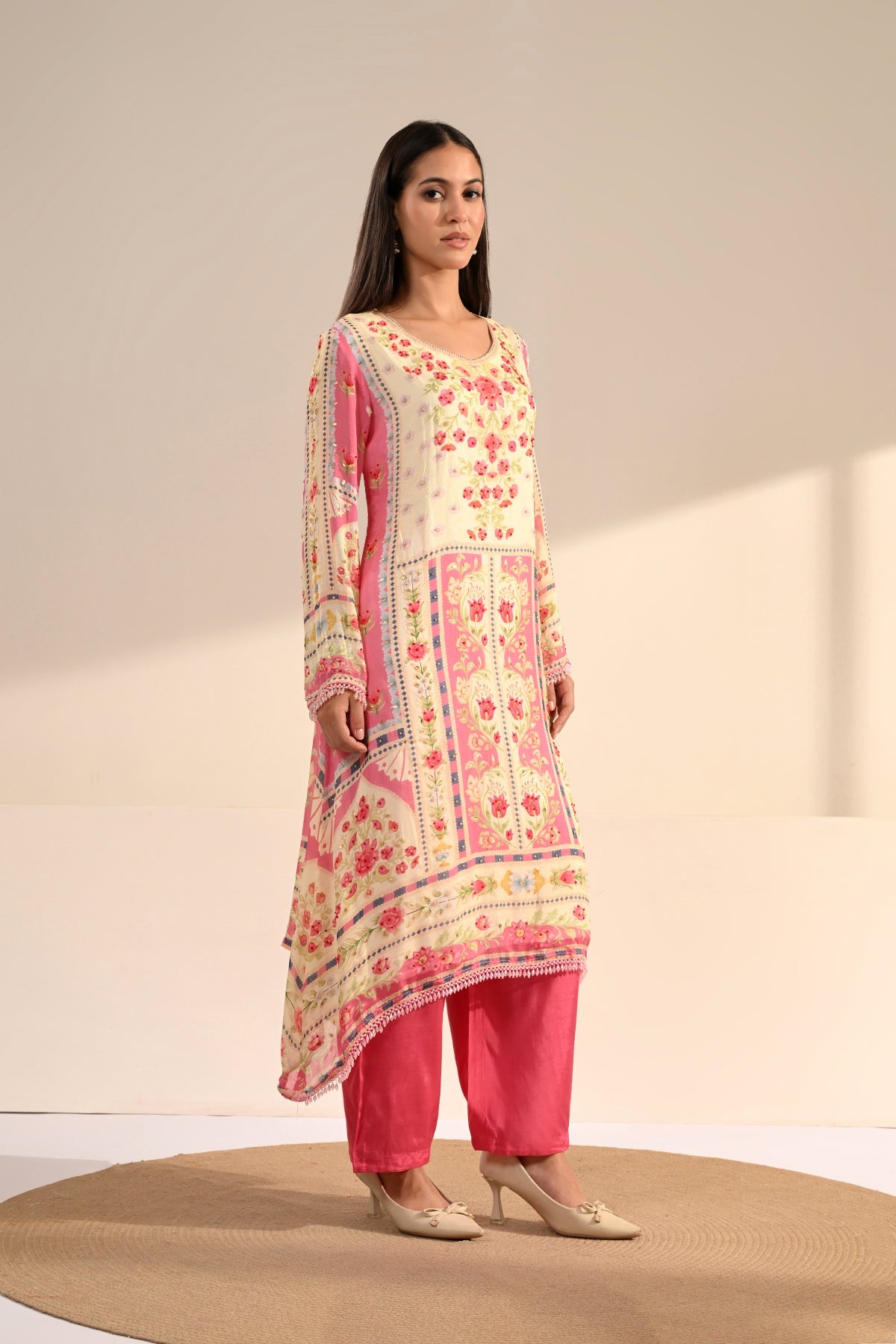 Cream Floral Printed 3 Pcs Kurta Set