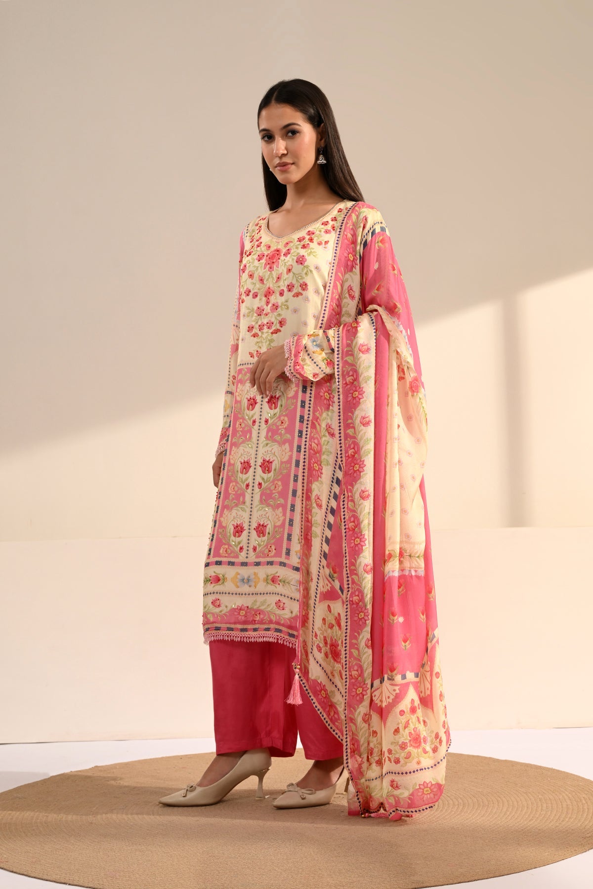 Cream Floral Printed 3 Pcs Kurta Set