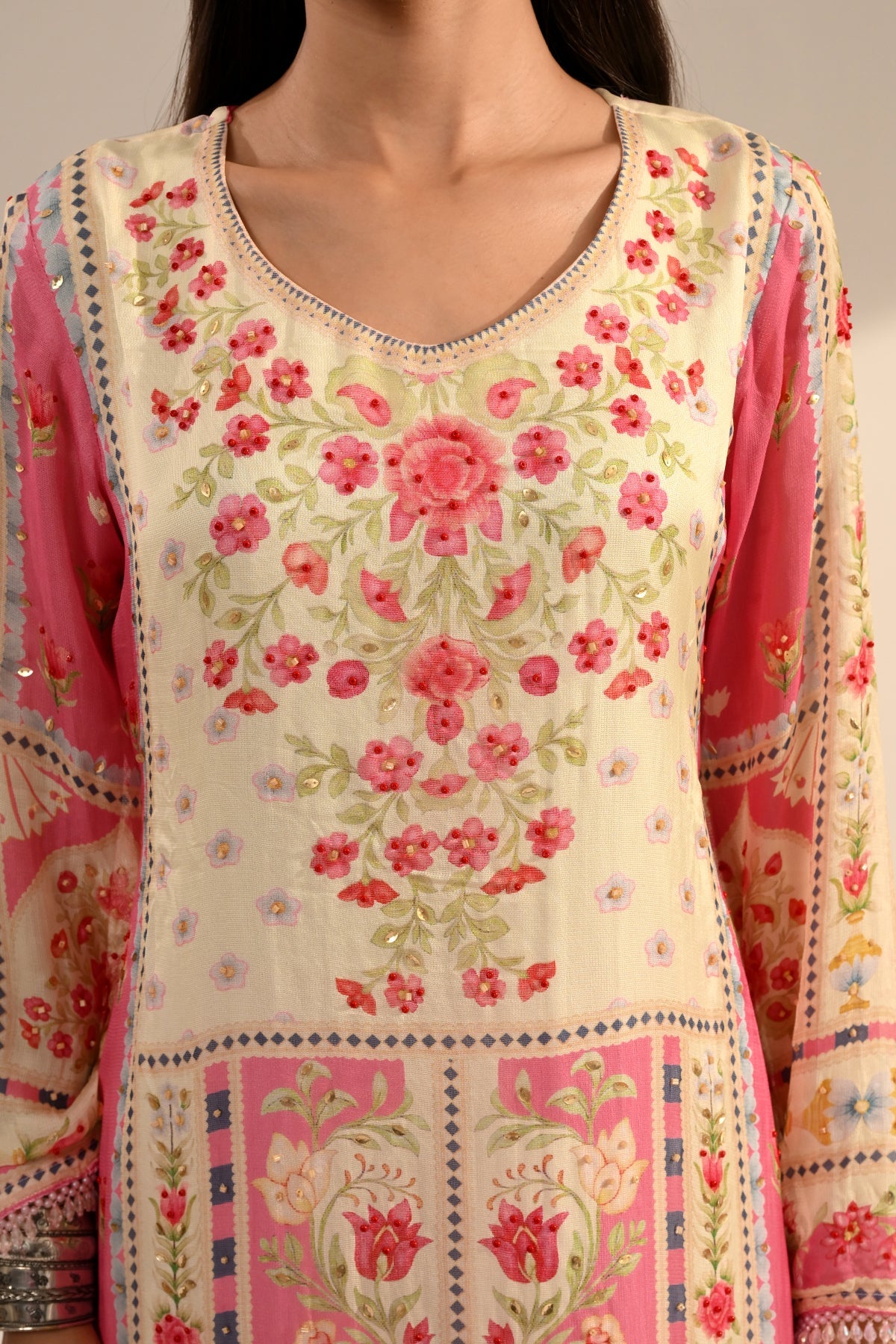 Cream Floral Printed 3 Pcs Kurta Set