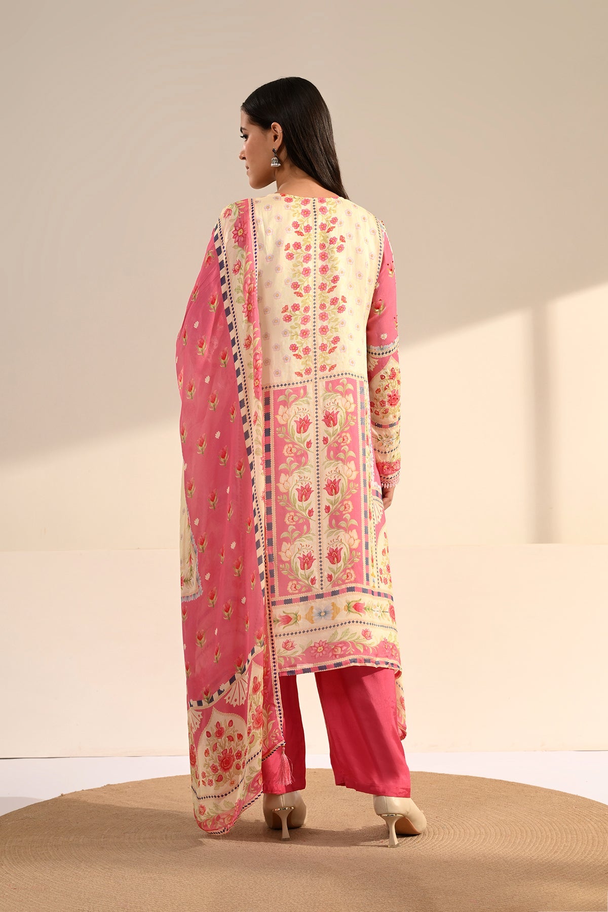 Cream Floral Printed 3 Pcs Kurta Set