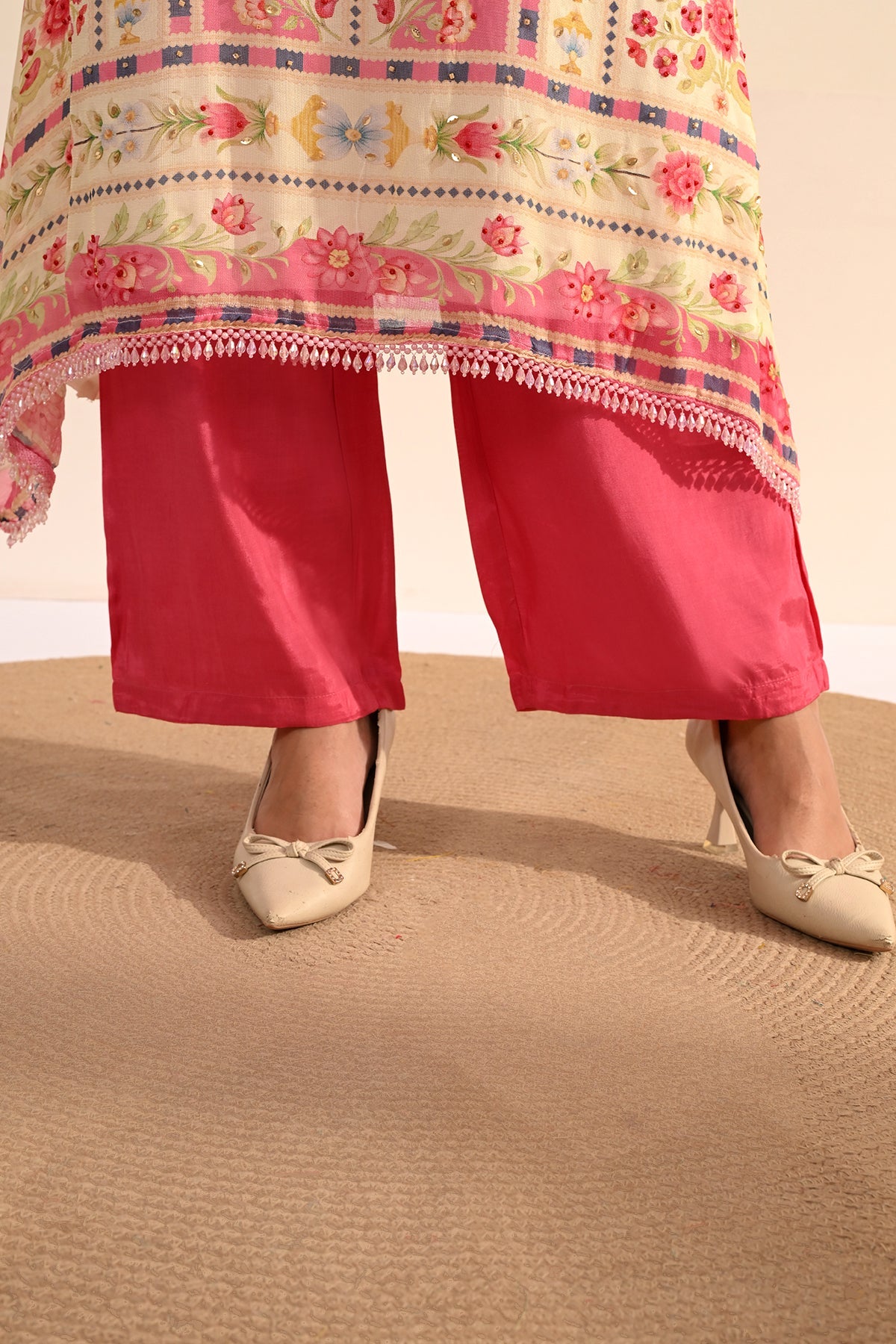 Cream Floral Printed 3 Pcs Kurta Set