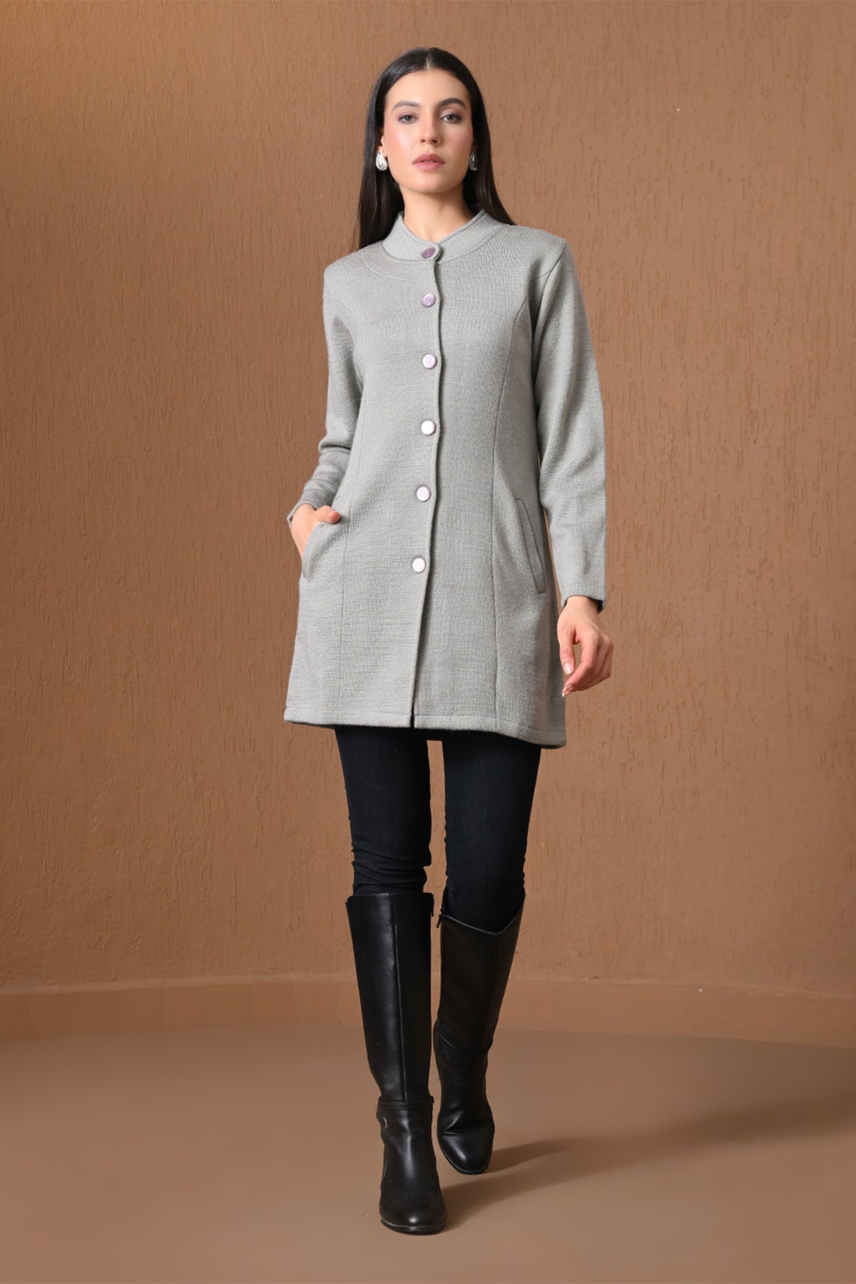 Winter Light Grey Mock-Neck Longline Coat