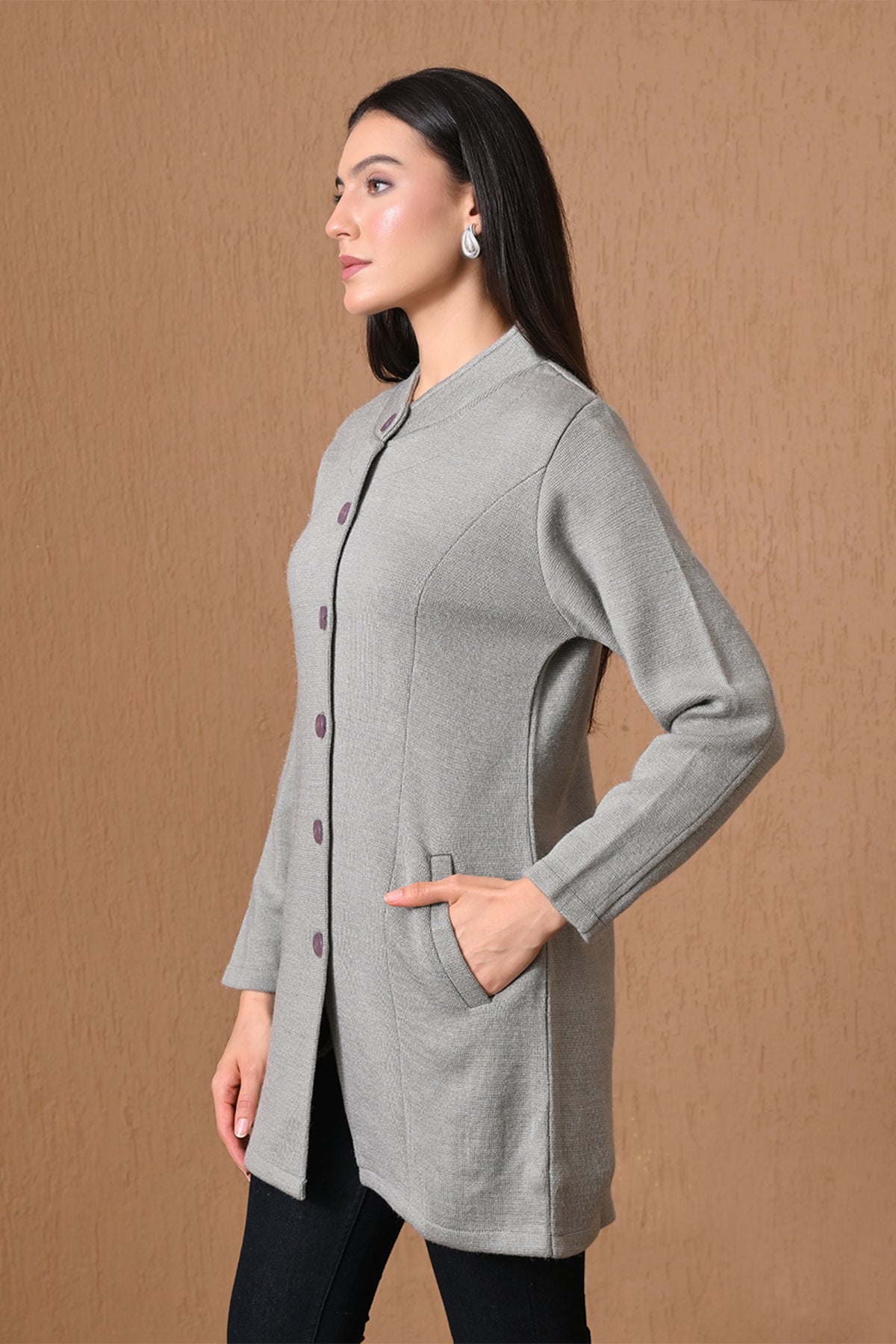Winter Light Grey Mock-Neck Longline Coat