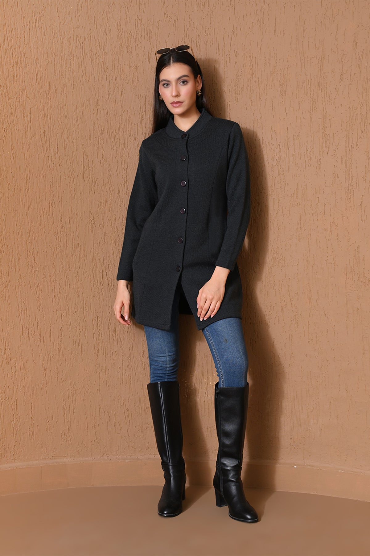 Winter Dark Grey Mock-Neck Longline Coat