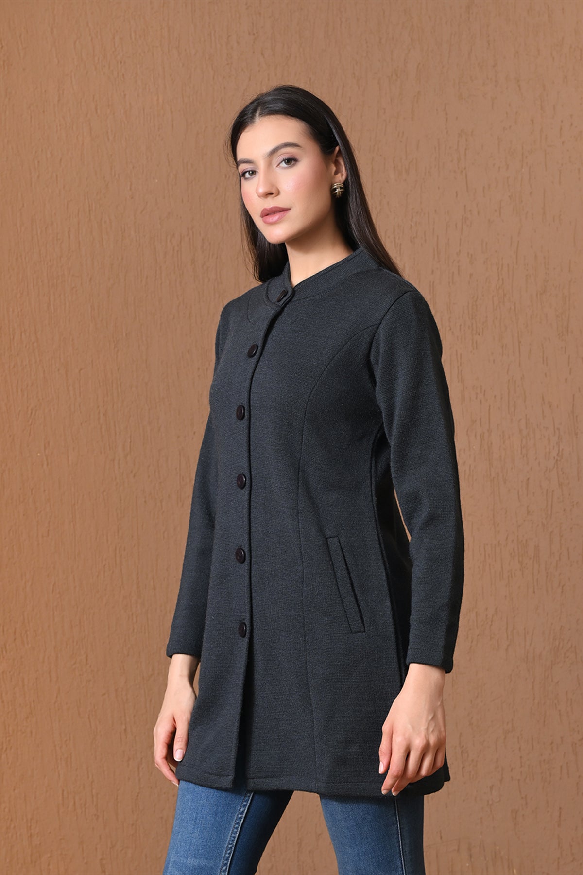 Winter Dark Grey Mock-Neck Longline Coat