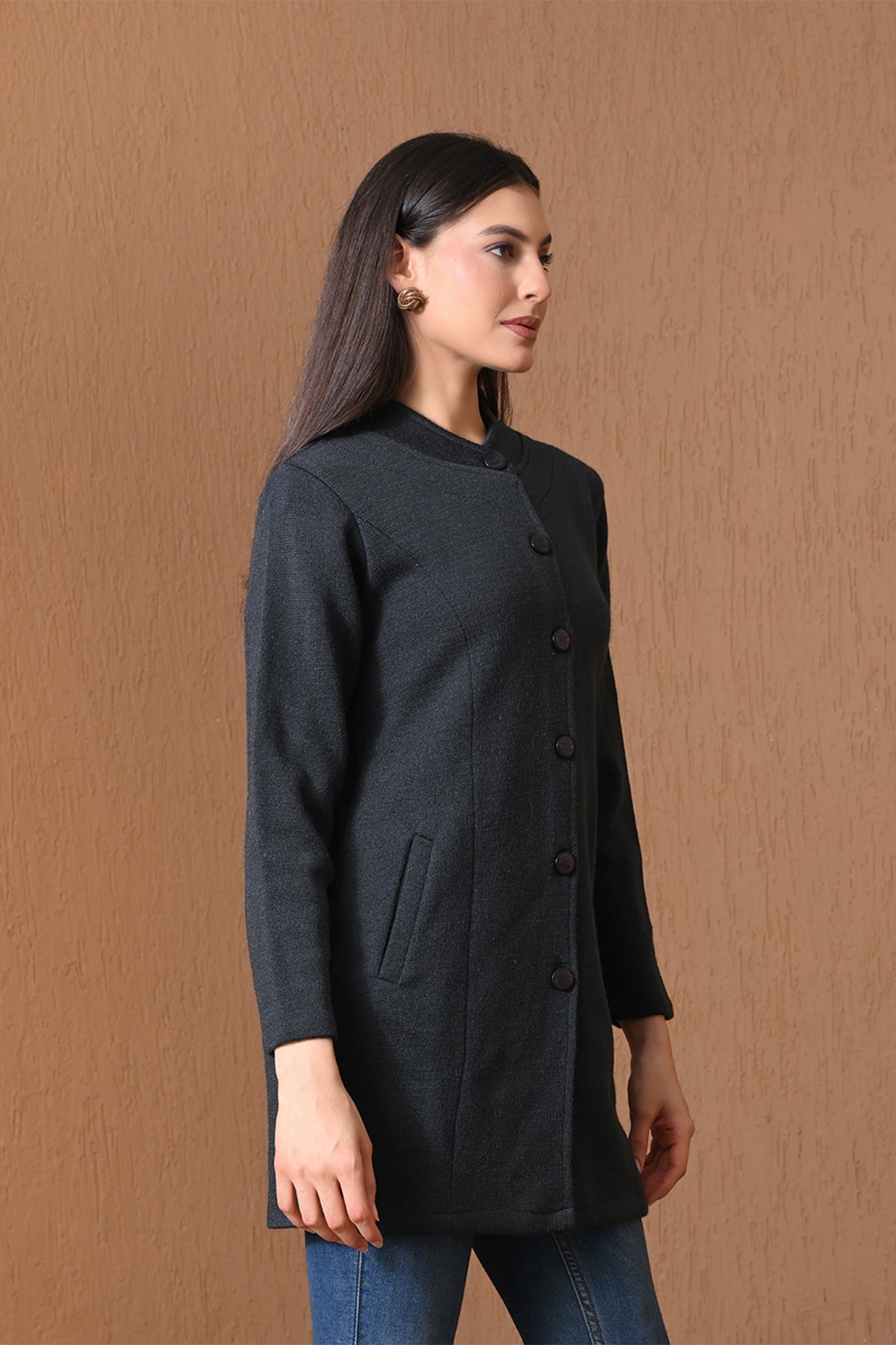 Winter Dark Grey Mock-Neck Longline Coat