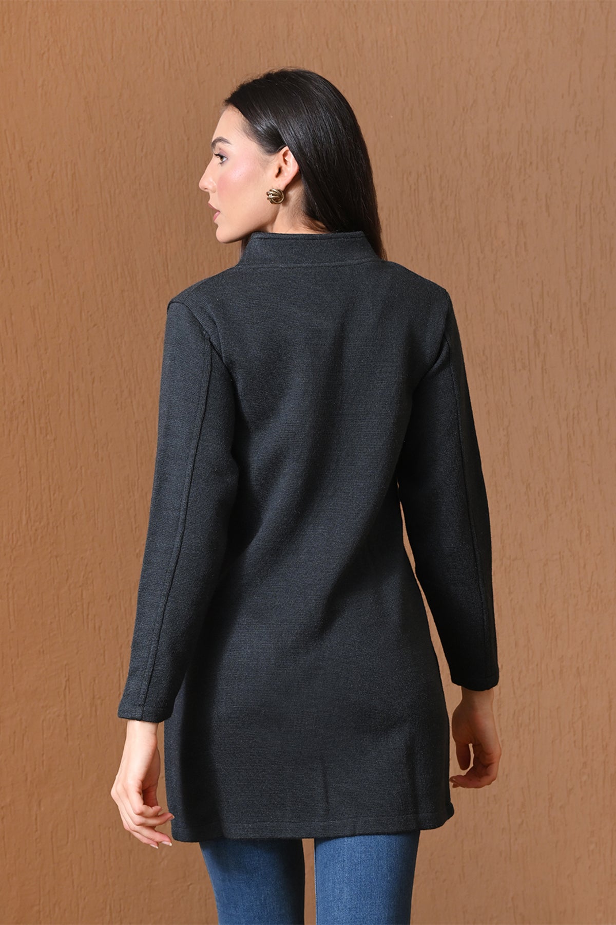Winter Dark Grey Mock-Neck Longline Coat