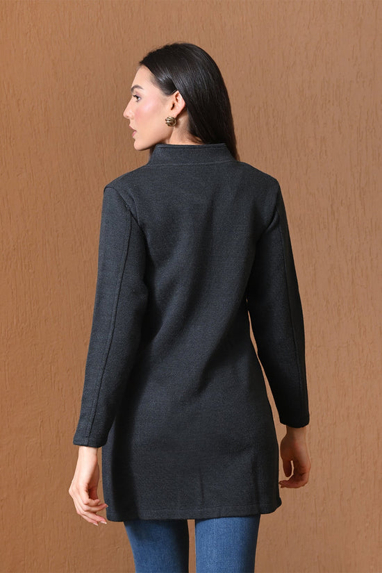 Winter Dark Grey Mock-Neck Longline Coat