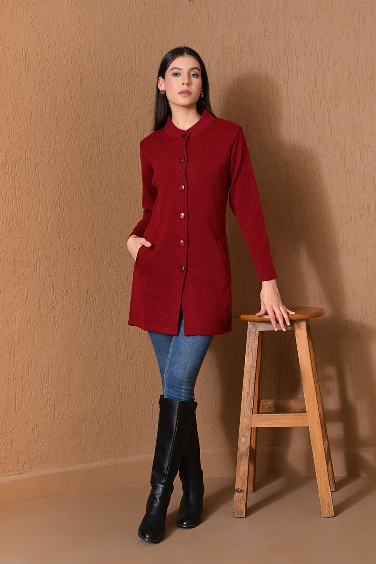 Winter Red Mock-Neck Longline Coat