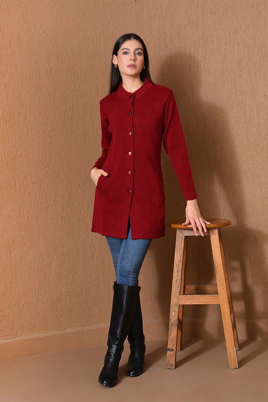 Winter Red Mock-Neck Longline Coat