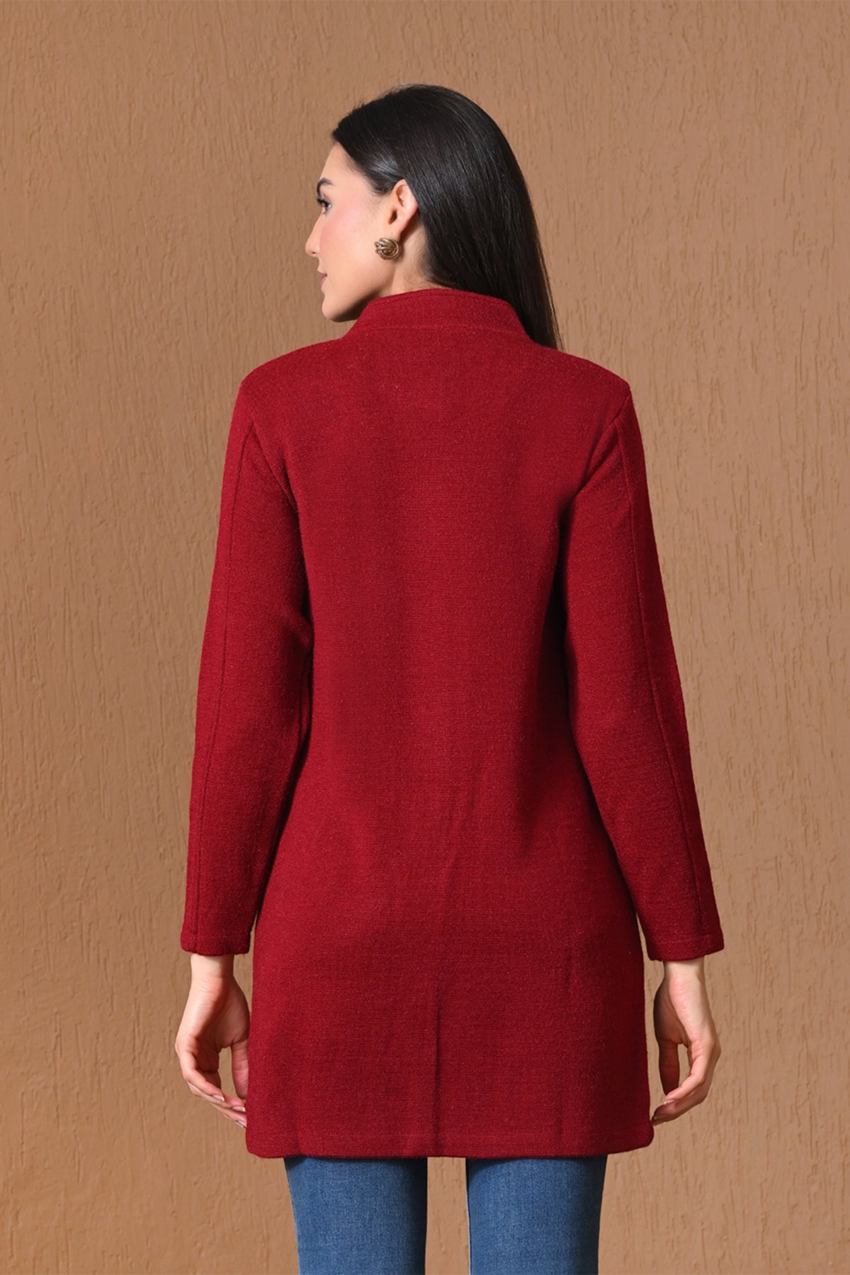 Winter Red Mock-Neck Longline Coat