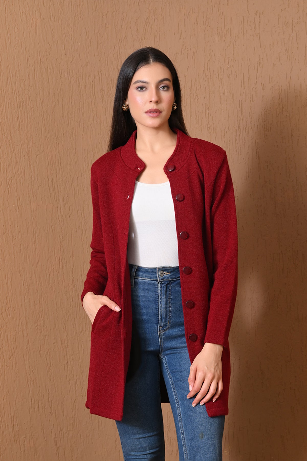 Winter Red Mock-Neck Longline Coat