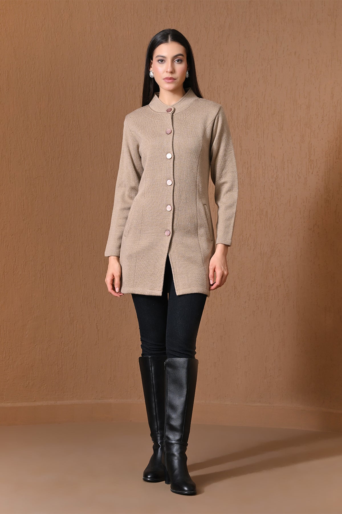 Winter Beige Mock-Neck Longline Coat