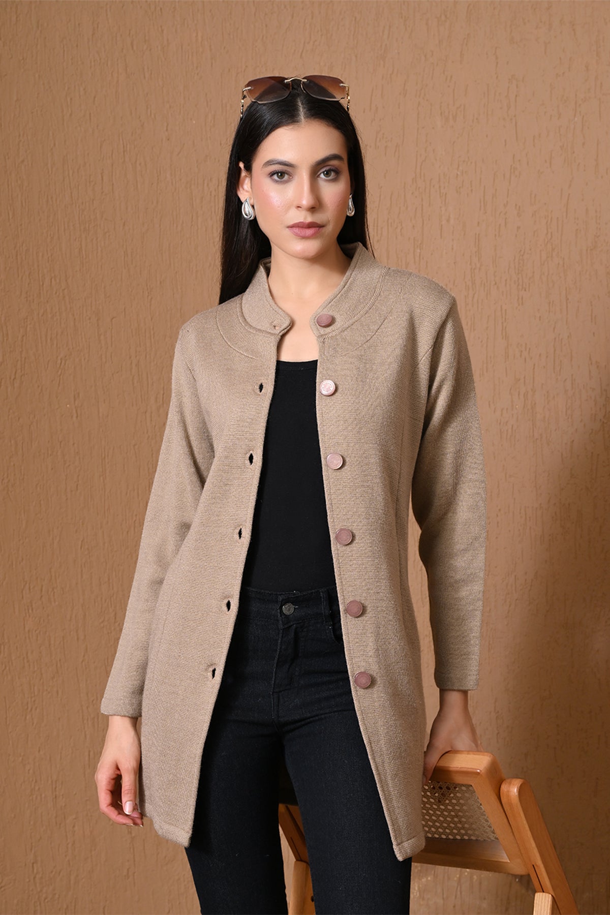 Winter Beige Mock-Neck Longline Coat