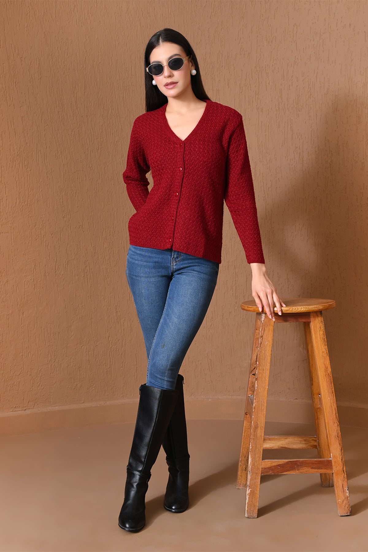 Winter Crimson Maroon Honeycomb Knitted Cardigan