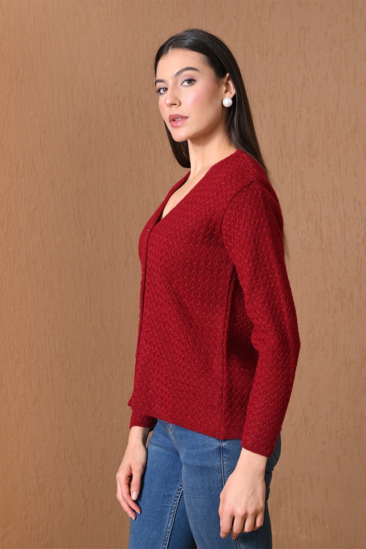 Winter Crimson Maroon Honeycomb Knitted Cardigan