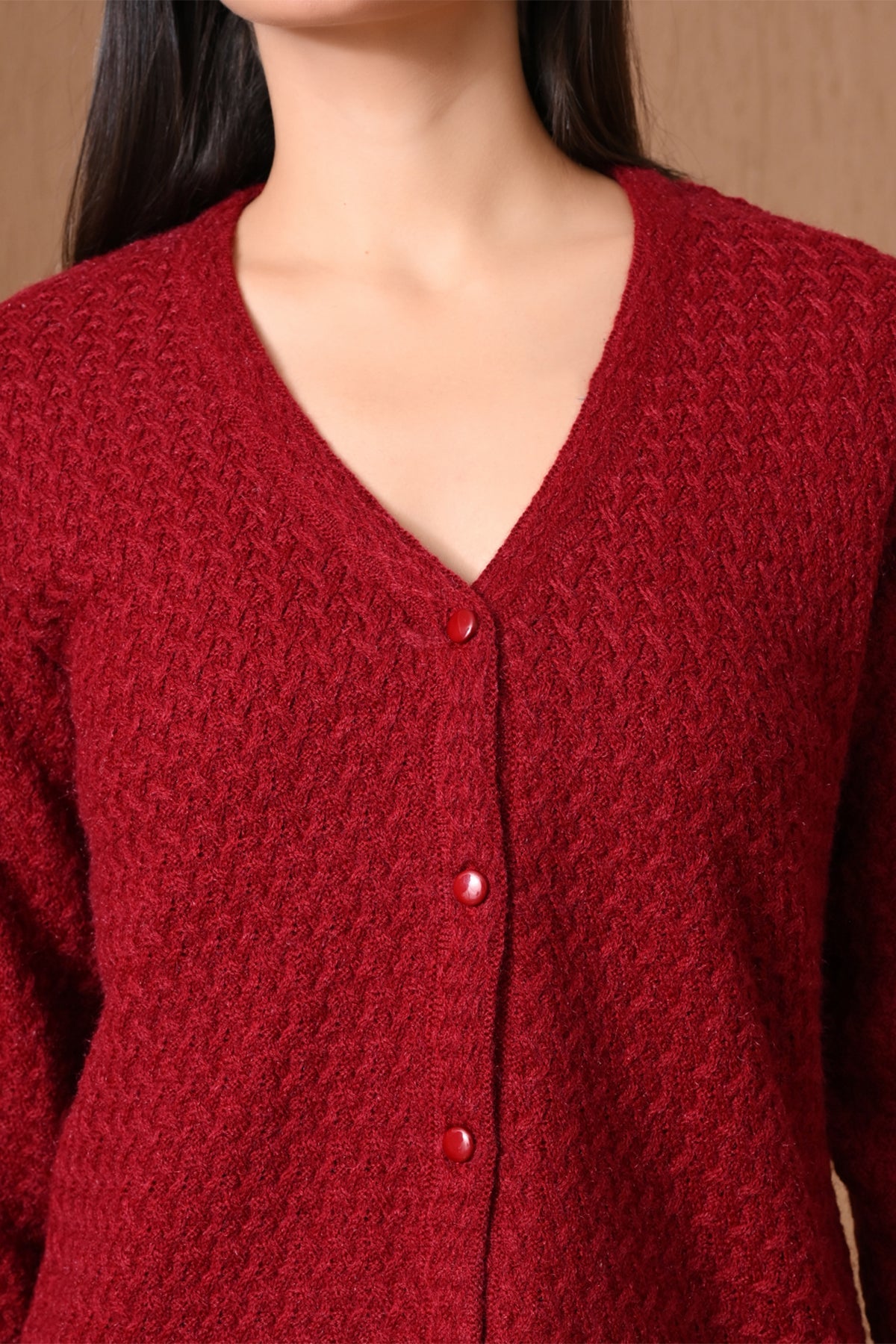 Winter Crimson Maroon Honeycomb Knitted Cardigan