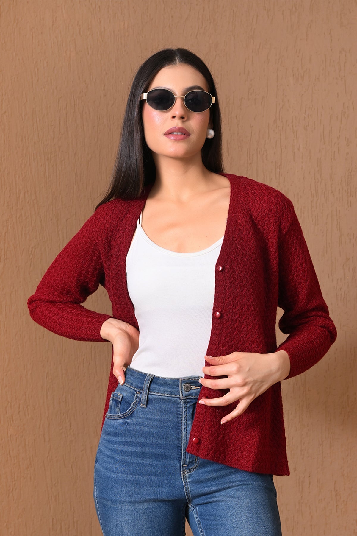Winter Crimson Maroon Honeycomb Knitted Cardigan